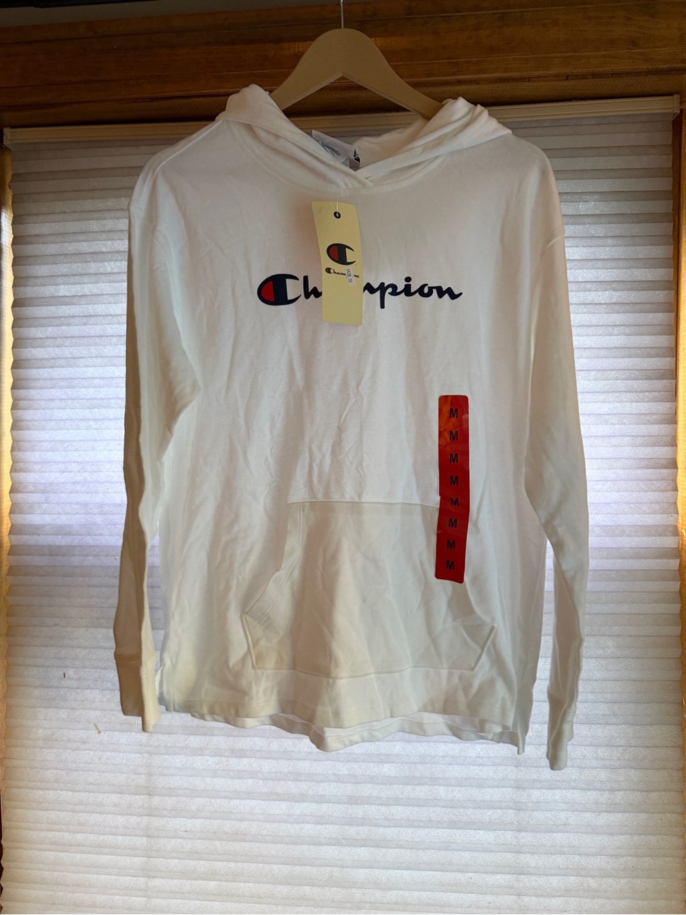 Champion White Mens Pullover Hoodie with Navy & Red Logo 0219
